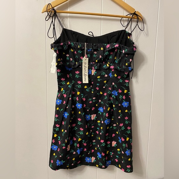 NWT For Love and Lemons Robin Mini Dress Floral Tie Straps Linen Black Frilly - Picture 11 of 16